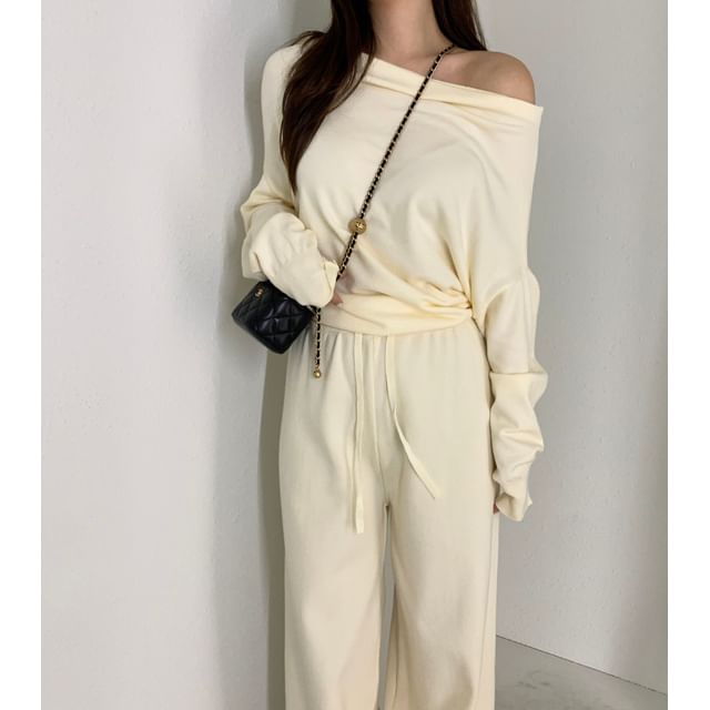 Set: Long Sleeve One Shoulder Plain Knit Top + Drawstring Waist Wide Leg Pants SpreePicky