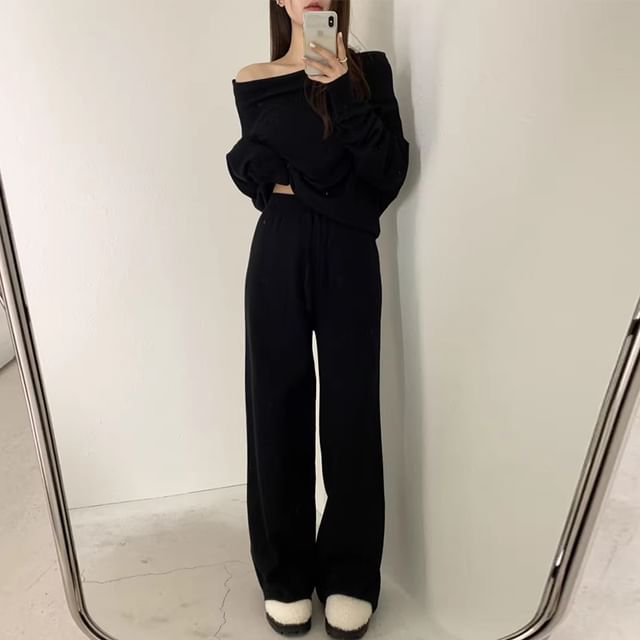 Set: Long Sleeve One Shoulder Plain Knit Top + Drawstring Waist Wide Leg Pants SpreePicky