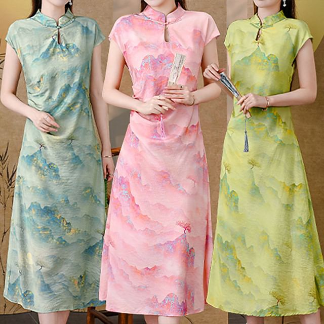 Short-Sleeve Stand Collar Print Midi A-Line Dress SpreePicky