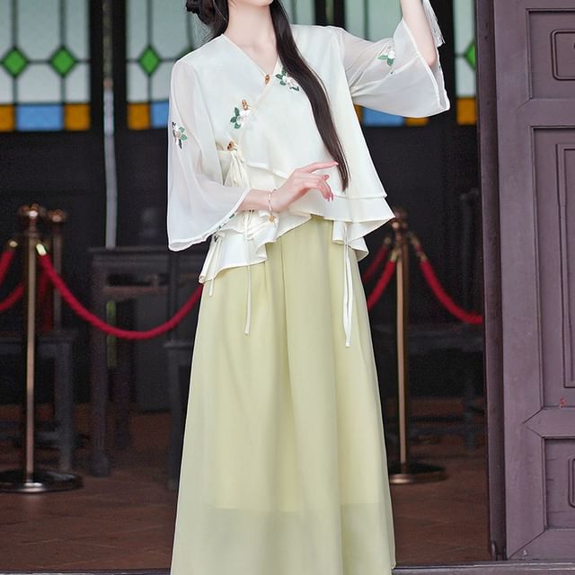 3/4-Sleeve V-Neck Embroidered Top / High Waist Maxi A-Line Skirt SpreePicky