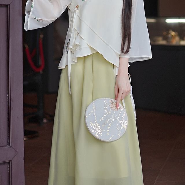 3/4-Sleeve V-Neck Embroidered Top / High Waist Maxi A-Line Skirt SpreePicky