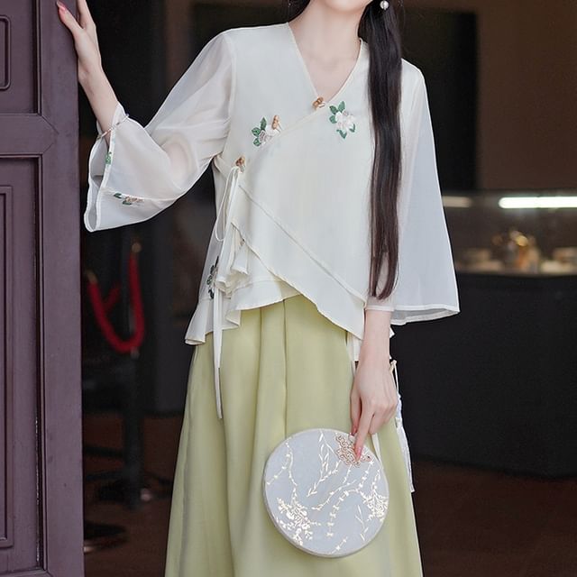 3/4-Sleeve V-Neck Embroidered Top / High Waist Maxi A-Line Skirt SpreePicky