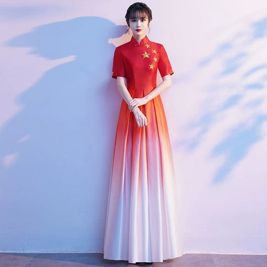 Short-Sleeve Star Embroidered Gradient Sheath Evening Gown SpreePicky