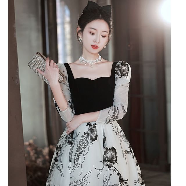 Long-Sleeve Square Neck Floral A-Line Evening Gown SpreePicky