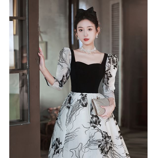 Long-Sleeve Square Neck Floral A-Line Evening Gown SpreePicky