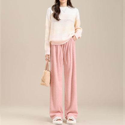 High Waist Plain Drawstring Drape Wide Leg Sweatpants SpreePicky