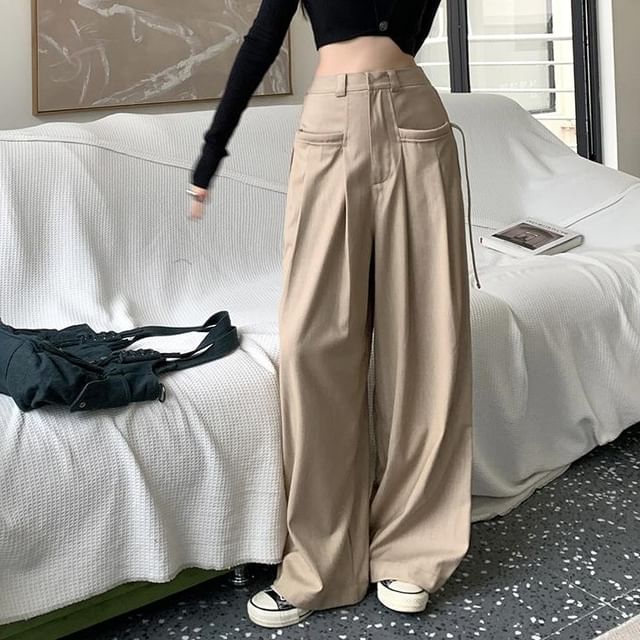 Plain Leg Pants Pleated High Suit Rise Wide FashionChic