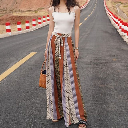 High Waist Patterned Print Slit Tie-Up Wide Leg Pants SpreePicky