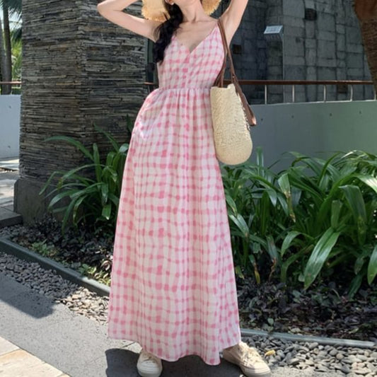 Spaghetti Strap V-Neck Plaid Maxi A-Line Dress SpreePicky