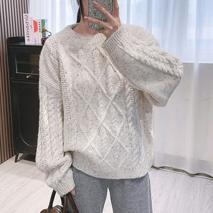 Crew Neck Cable Knit Sweater SpreePicky