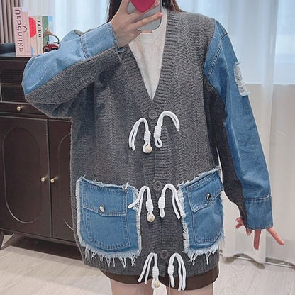 V-Neck Fringed Denim Panel Cardigan SpreePicky