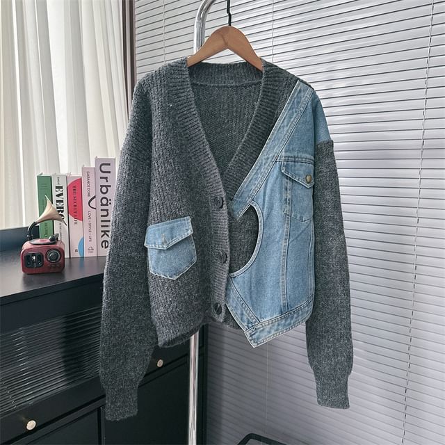 V-Neck Denim Panel Cardigan SpreePicky