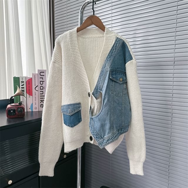 V-Neck Denim Panel Cardigan SpreePicky