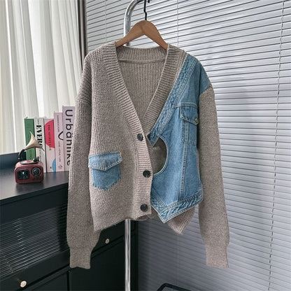 V-Neck Denim Panel Cardigan SpreePicky