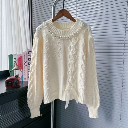 Round Neck Ribbon Faux Pearl Sweater SpreePicky