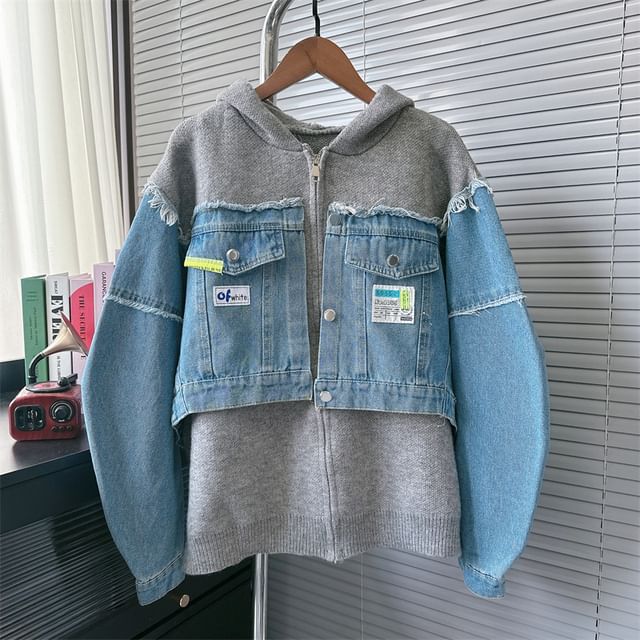 Applique Denim Panel Hooded Zip Cardigan SpreePicky