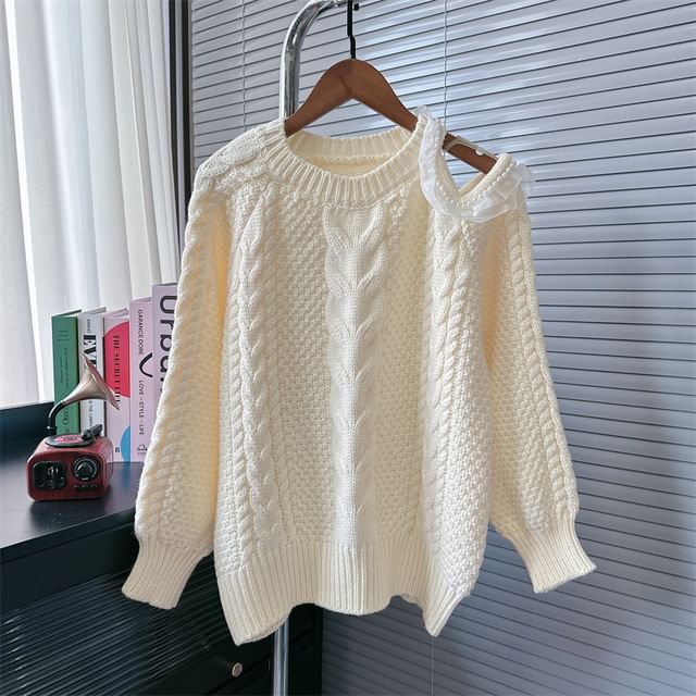 Round Neck Cold-Shoulder Plain Beaded Ruffle Trim Sweater SpreePicky