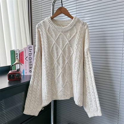 Crew Neck Cable Knit Sweater SpreePicky