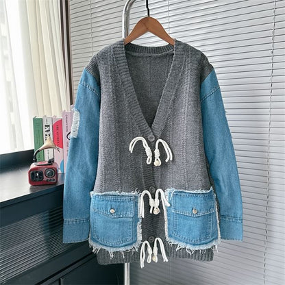 V-Neck Fringed Denim Panel Cardigan SpreePicky