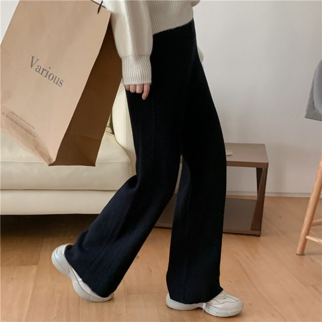 High Rise Plain Knitted Straight-Fit Wide-Leg Pants SpreePicky