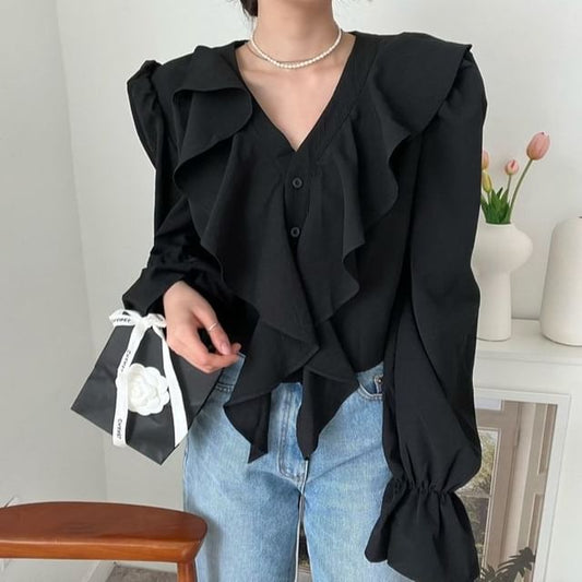 Long Sleeve V-Neck Plain Ruffle Blouse SpreePicky