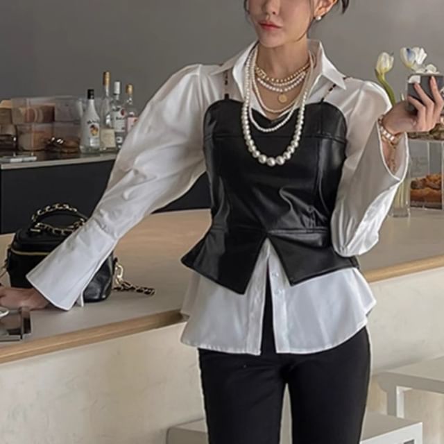 Puff Sleeve Collared Plain Shirt / Faux Leather Cami Top SpreePicky