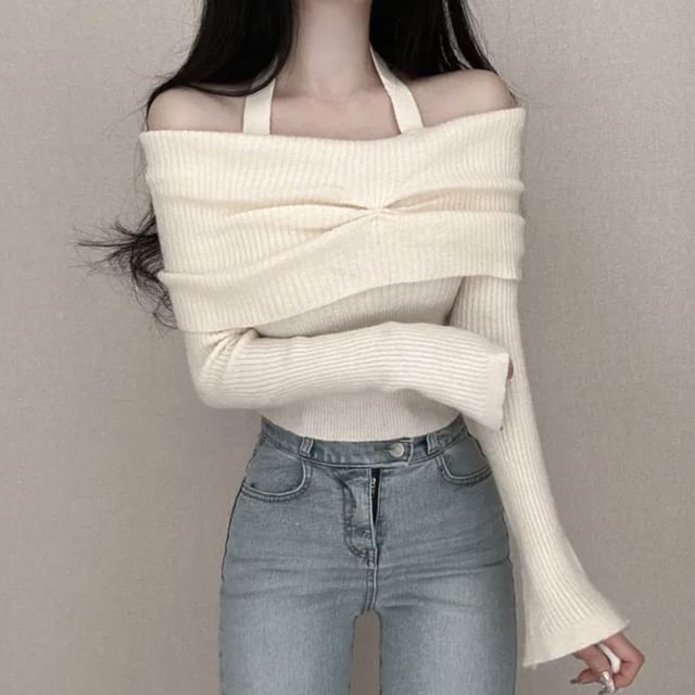 Long-Sleeve Off Shoulder Plain Ribbed Knitted Crop Top SpreePicky