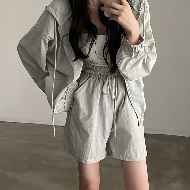 Set: Hooded Plain Drop Shoulder Zip Jacket + Drawstring Waist Shorts SpreePicky