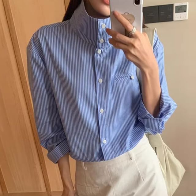 Long Sleeve Stand Collar Striped Button Up Shirt SpreePicky