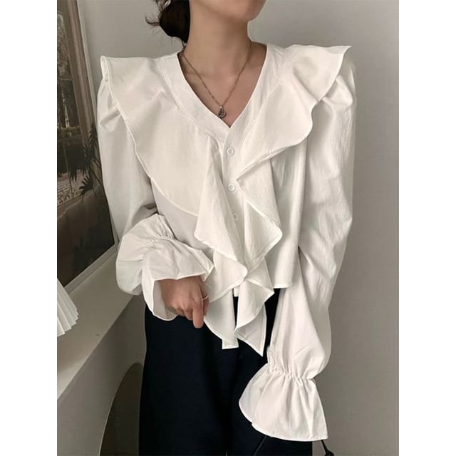 Long Sleeve V-Neck Plain Ruffle Blouse SpreePicky