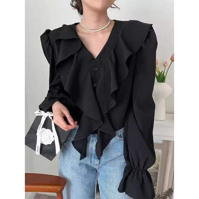 Long Sleeve V-Neck Plain Ruffle Blouse SpreePicky