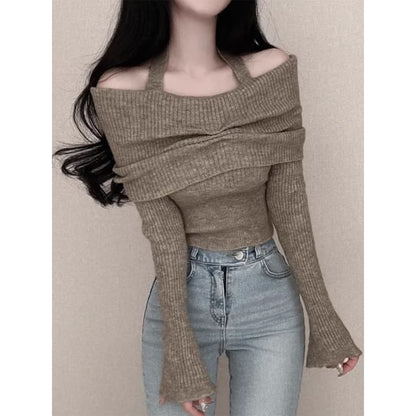 Long-Sleeve Off Shoulder Plain Ribbed Knitted Crop Top SpreePicky