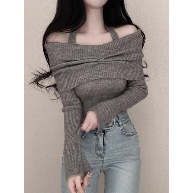 Long-Sleeve Off Shoulder Plain Ribbed Knitted Crop Top SpreePicky