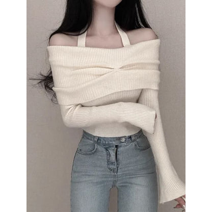 Long-Sleeve Off Shoulder Plain Ribbed Knitted Crop Top SpreePicky