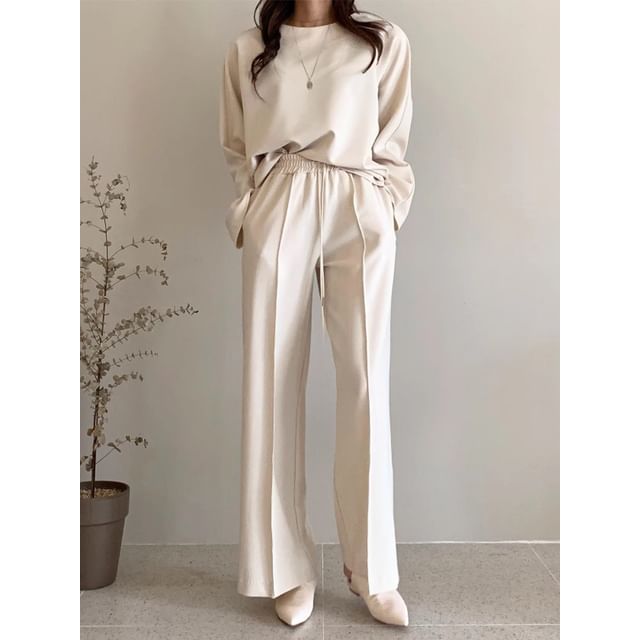 Long Sleeve Crew Neck Plain Pullover / Mid Rise Plain Wide Leg Sweatpants SpreePicky