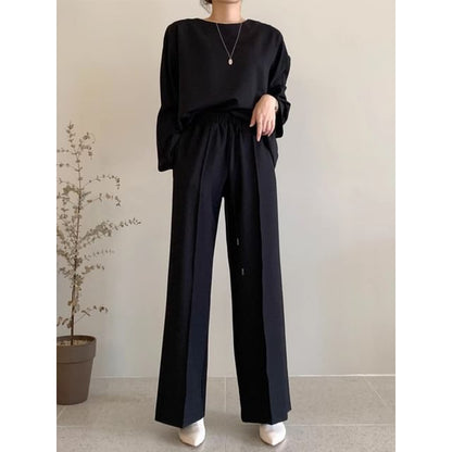 Long Sleeve Crew Neck Plain Pullover / Mid Rise Plain Wide Leg Sweatpants SpreePicky