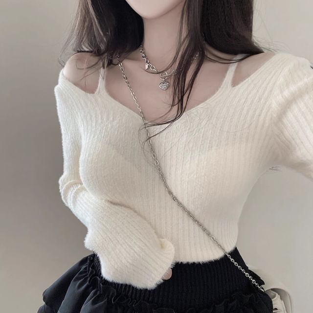 Cold Shoulder V-Neck Plain Ribbed Crop Sweater SpreePicky