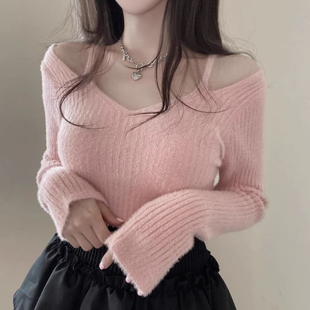 Cold Shoulder V-Neck Plain Ribbed Crop Sweater SpreePicky