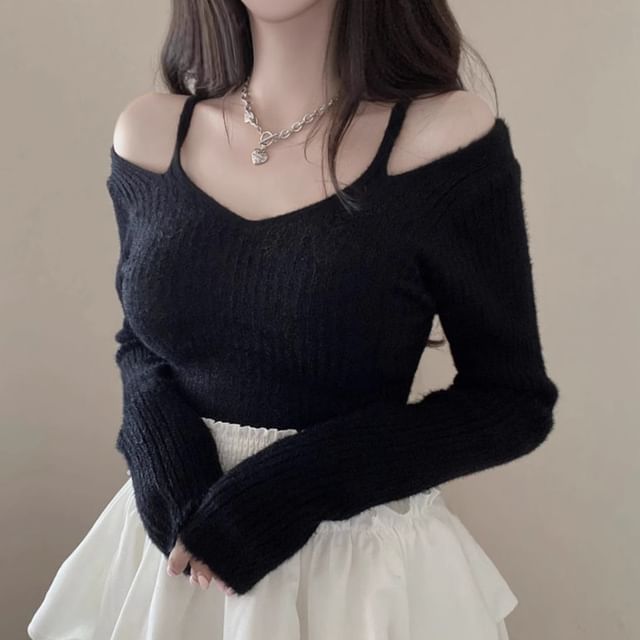 Cold Shoulder V-Neck Plain Ribbed Crop Sweater SpreePicky