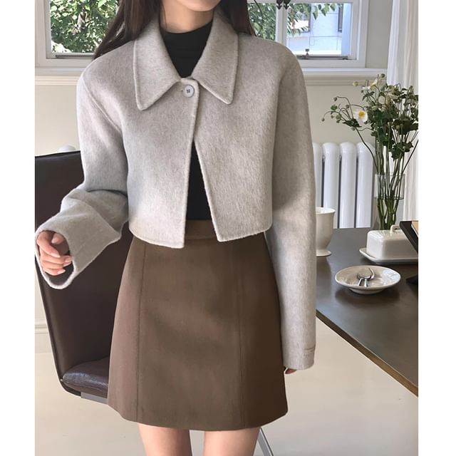 Collared Plain Single Buttoned Cropped Coat SpreePicky