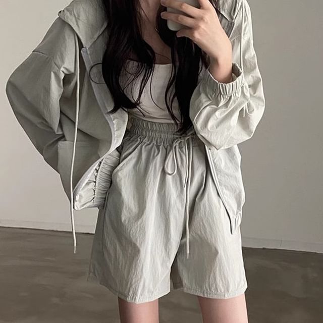 Set: Hooded Plain Drop Shoulder Zip Jacket + Drawstring Waist Shorts SpreePicky