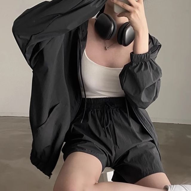 Set: Hooded Plain Drop Shoulder Zip Jacket + Drawstring Waist Shorts SpreePicky