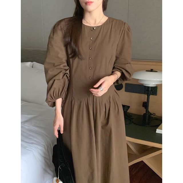 Lantern Sleeve Round Neck Plain Midi A-Line Dress SpreePicky