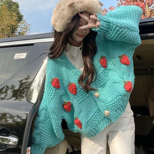 3D-Strawberry Crochet-Knit V-Neck Cardigan SpreePicky