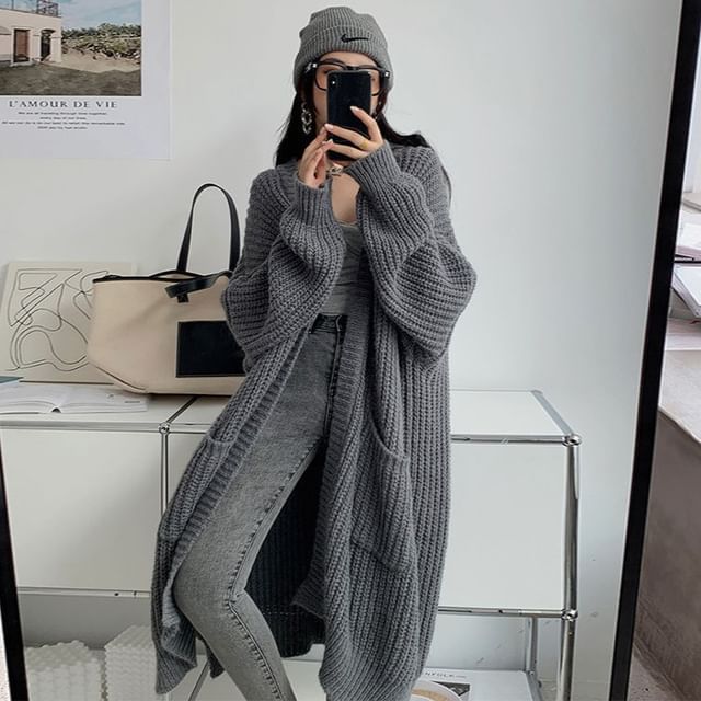 Oversized Open-Front V-Neck Long Cardigan SpreePicky