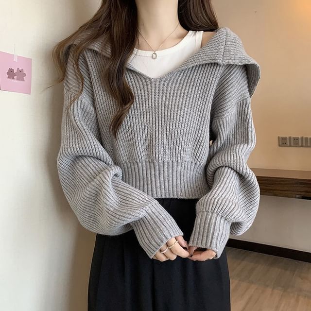 Cropped Sailor-Collar Loose Knit Sweater SpreePicky