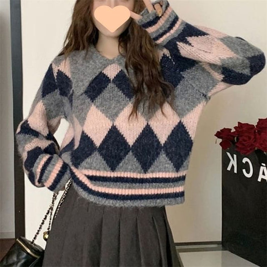 Oversized Collared Argyle-Print Knit Sweater SpreePicky