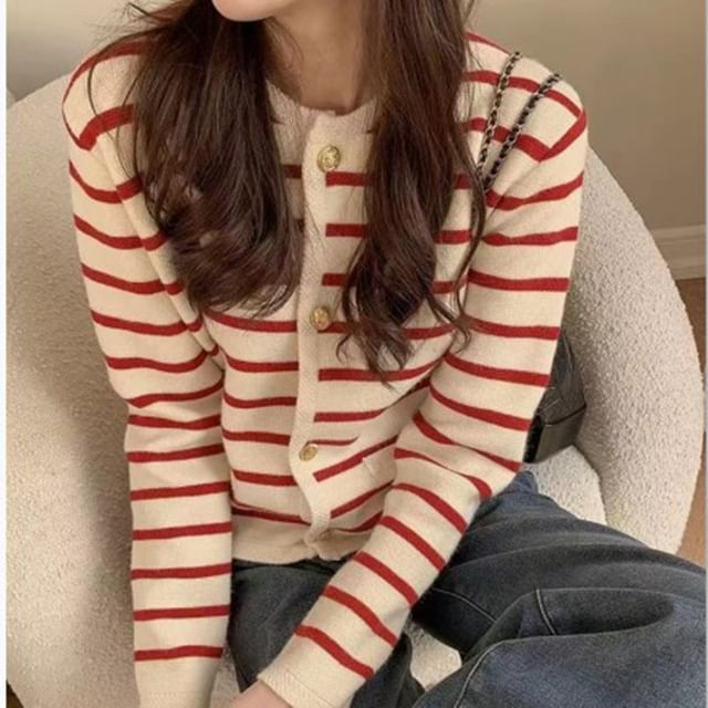 Striped Round-Neck Cardigan SpreePicky