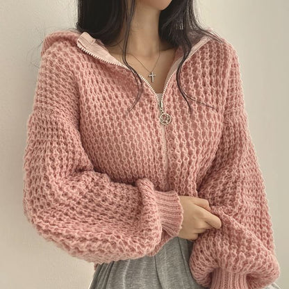 Crochet-Knit Hooded Zipper Cardigan SpreePicky