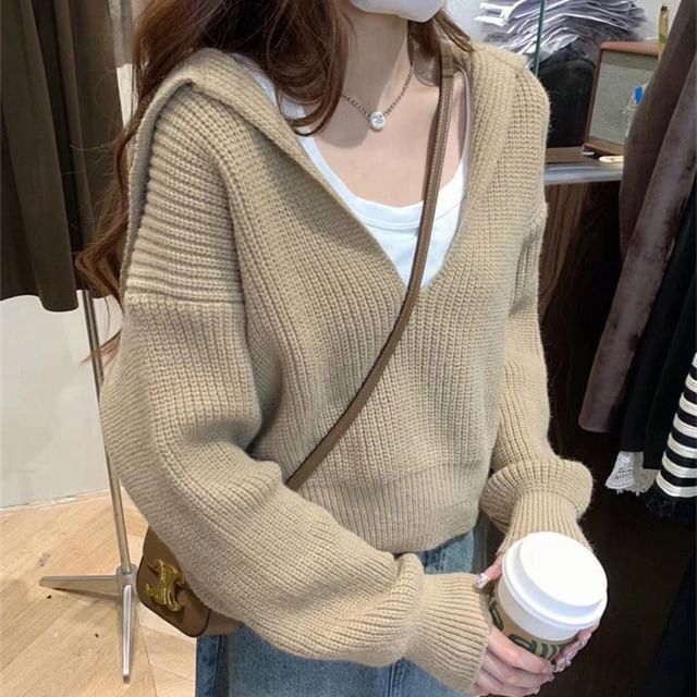 Cropped Sailor-Collar Loose Knit Sweater SpreePicky